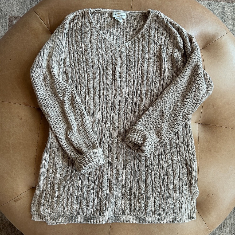 Vintage Silk Cable Knit Sweater Women M 90s Minimalist Oatmeal Quiet Luxury